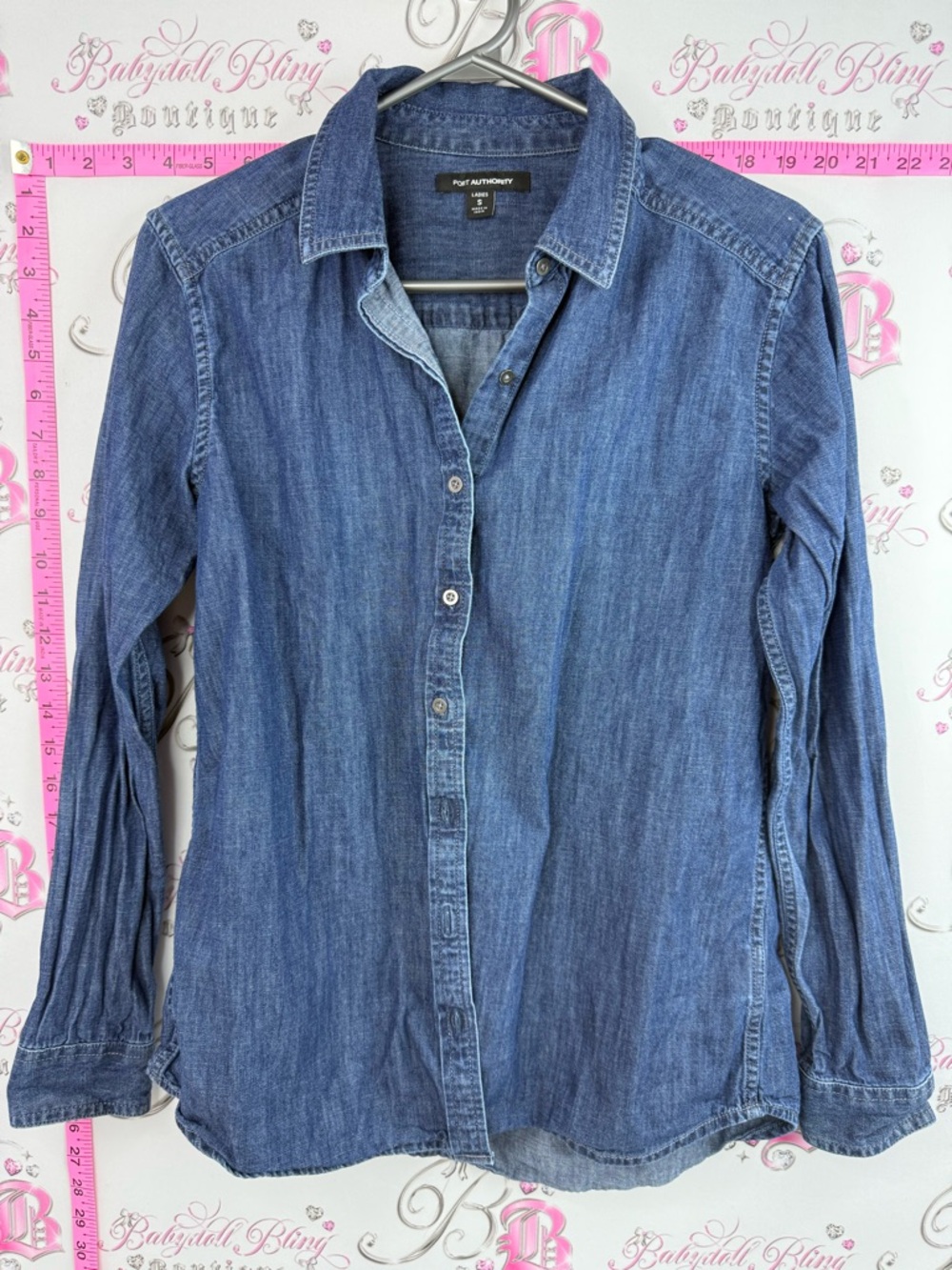 Port Authority shirt long sleeves denim look Medium Blue Denim Button-Up Shirt